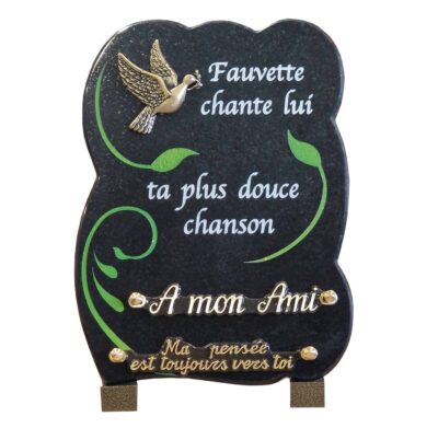 plaque cimetière fauvette et feuillage vert