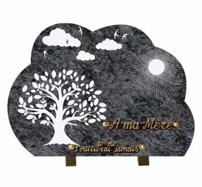 plaque funéraire en granit avec arbre de vie et soleil lumineux