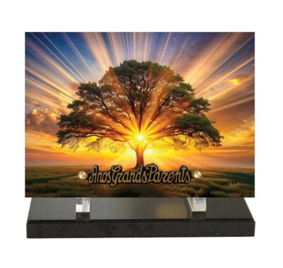 plaque funéraire arbre avec le soleil en arrière plan