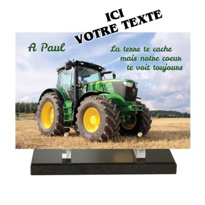 plaque funéraire tracteur jaune et vert