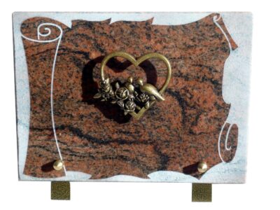 plaque funéraire oiseaux, roses dans un coeur